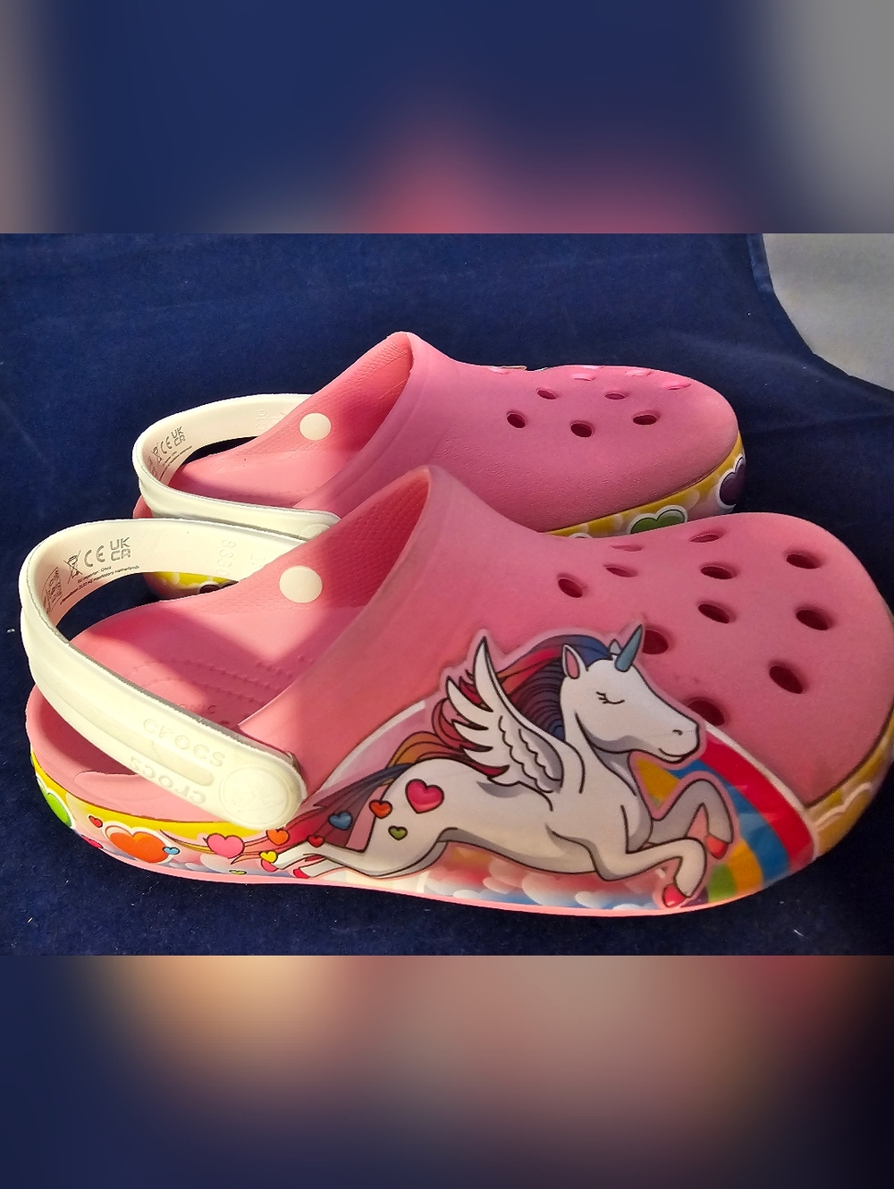 CROCS Kids Pink Unicorn Pegasus Clogs with Rainbow Trim
